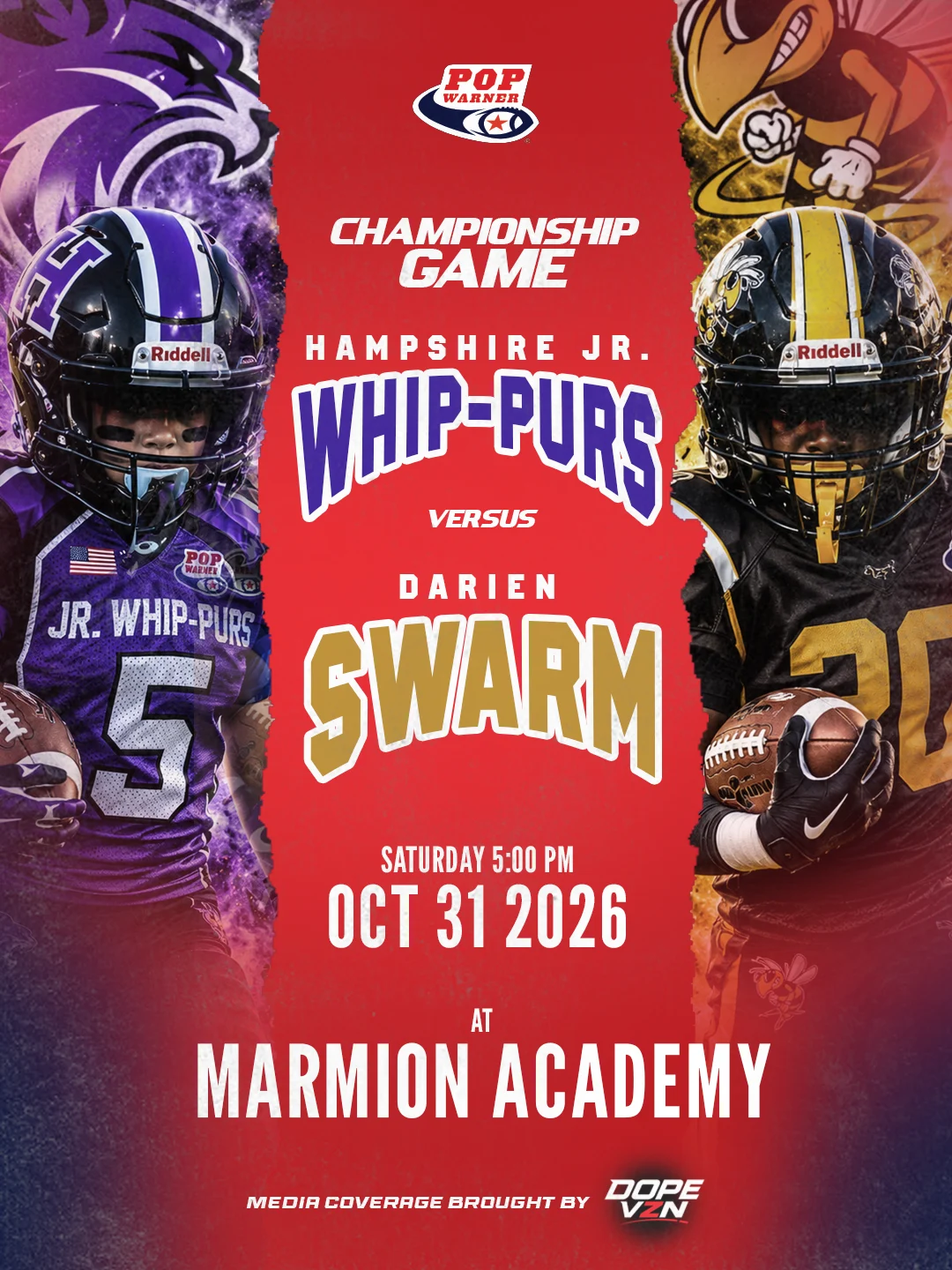 Hampshire Jr. Whip-Purs versus Darien Swarm championship game graphic, October 31, 2026